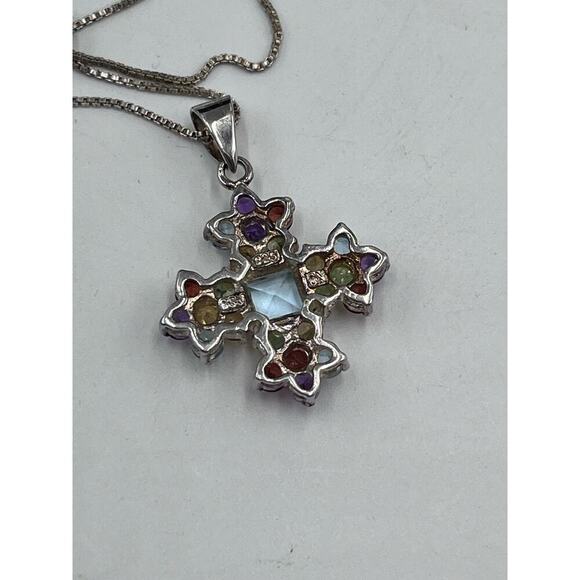 Sterling Silver Multi Color Gemstones Signed Cross Pendant Necklace Garnet Topaz - Picture 13 of 13